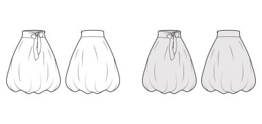 Etek balonu teknik tasviri, yay, diz altı silueti, geniş bant. 