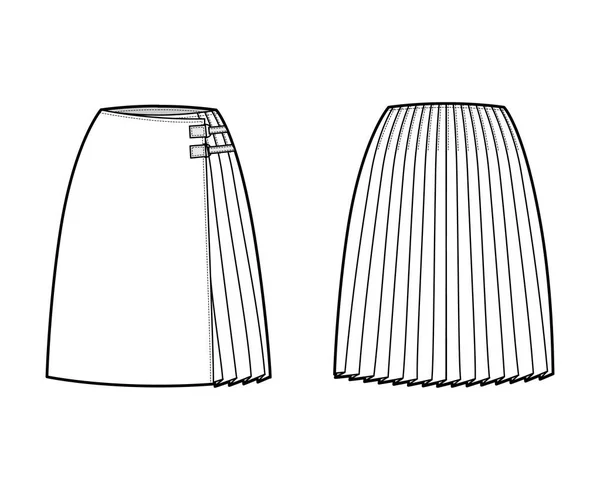 Юбка килт обертывание техническая мода иллюстрация с прямым силуэтом колена, рядом с карабином разъем Плоское дно — стоковый вектор