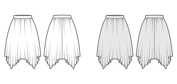 Lenço de saia ilustração de moda técnica com silhueta circular do joelho, plenitude lápis, cintura fina. Plano —  Vetores de Stock