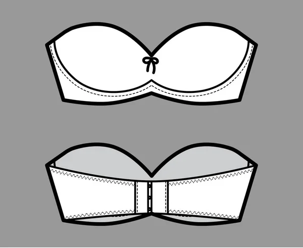 Reggiseno senza spalline lingerie illustrazione tecnica di moda con coppe stampate, chiusura con gancio e occhio. Reggiseno piatto modello — Vettoriale Stock