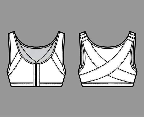 Bra posture lingerie technical fashion illustration with wide adjustable shoulder straps, hook-and-eye closure. Flat — Stock Vector