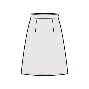Etek A-hattı doluluk diz boyu silueti, ince bel bandı düz alt şablonu ile teknik moda illüstrasyonu