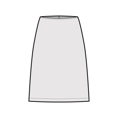 Etek kılıfı teknik tasviri, düz diz silueti, kalem dolgunluğu. Düz alt şablon önü