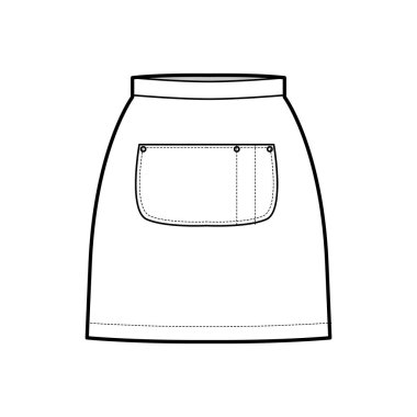Etek önlüğü teknik tasviri mini silueti, kalem dolgunluğu, büyük orta cebi düz alt şablonu
