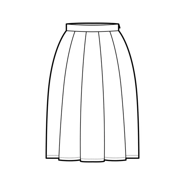 Boîte à jupes plis illustration de mode technique avec silhouette sous le genou, ceinture fine, fermeture éclair latérale. Plat — Image vectorielle