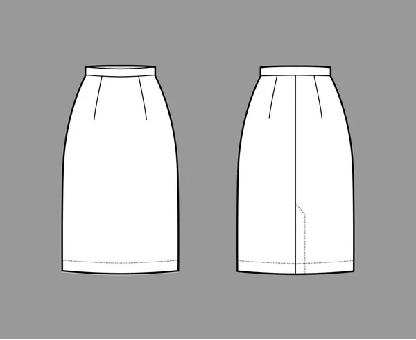 Pokrywa spódnicy prosta techniczna ilustracja mody z kolanami, klapka z tyłu, pełnia ołówka. Płaskie dno — Wektor stockowy