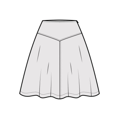 Etek boyunduruğu, diz üstü silueti, yarı dairesel dolgunluğu olan teknik moda illüstrasyonu. Düz taban