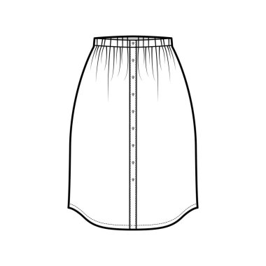 Düz diz silueti, kalem dolgunluğu alt şablonu ile Dirndl teknik moda illüstrasyonu aşağı etek düğmesi