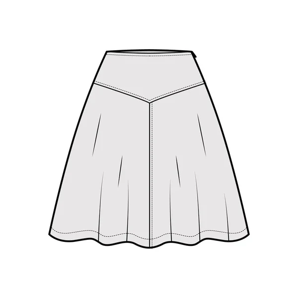 Ilustracja moda techniczna spódnicy jarzmo z ponadkolanowej sylwetki długości, półokrągła pełnia. Płaskie dno — Wektor stockowy