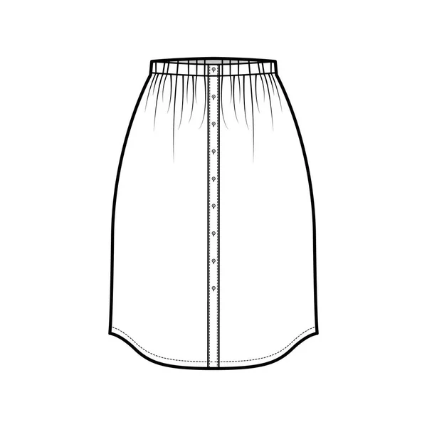 Rock-Knopf unten Dirndl technische Mode Illustration mit geraden Knie-Silhouette, Bleistift Fülle Boden Vorlage — Stockvektor