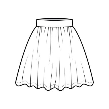 Etek kiri, diz üstü uzunluklu, dairesel dolgunluklu, kalın kemerli, teknik moda çizimi. Düz taban