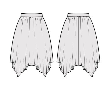 Etek mendili teknik tasviri, dairesel diz silueti, kalem dolgunluğu, ince bel. Düz
