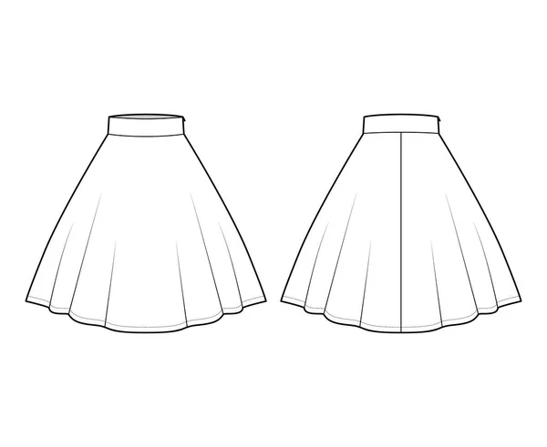 Полнота круга юбки техническая иллюстрация моды с силуэтом длиной ниже колена, толстым низом талии — стоковый вектор