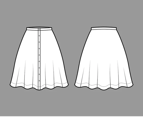 Rock Knopf unten technische Mode Illustration mit halbrunden Knie Silhouette Fülle. Vorlage für flachen Boden — Stockvektor