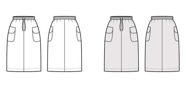 Ilustracja mody technicznej spódnica cargo z kolana długości, kieszenie boczne z klapką, stretch taśmy ściągającej. Mieszkanie — Wektor stockowy