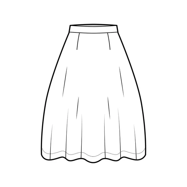 Skirt flared skater technical fashion illustration with below-the-knee silhouette, semi-circular fullness. Flat bottom — Stock Vector