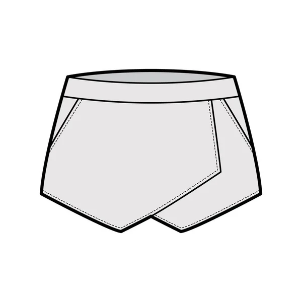 Kjol skort shorts kort teknisk mode illustration med mini längd silhuett, penna fyllighet, tunn linning — Stock vektor