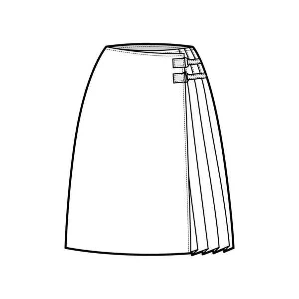 Jupe kilt wrap illustration de mode technique avec silhouette droite du genou, proche avec connecteur mousqueton Fond plat — Image vectorielle