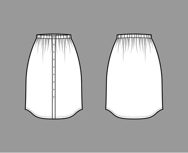 Skirt button down dirndl technical fashion illustration with straight knee silhouette, pencil fullness bottom template - Stok Vektor