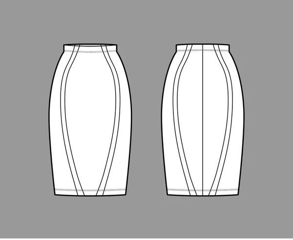 Ilustracja moda techniczna spódnica z prostą półdopasowaną sylwetką kolana, pełnia ołówka, cienka taśma — Wektor stockowy