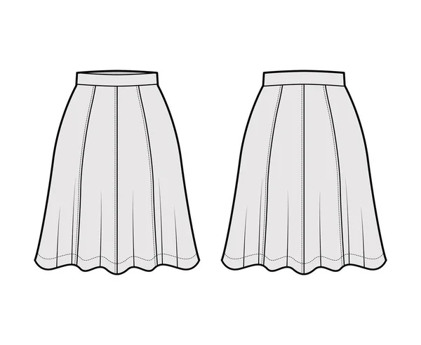 Szoknya nyolc gore technikai divat illusztráció a térd alatti sziluett, félkör alakú teljesség alsó sablon — Stock Vector