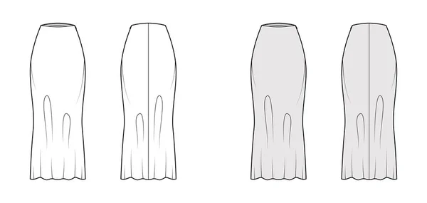 Спідниця з довгим упередженням вирізала технічну ілюстрацію моди з силуетом довжини максі, напівприталений шаблон повноти знизу — стоковий вектор