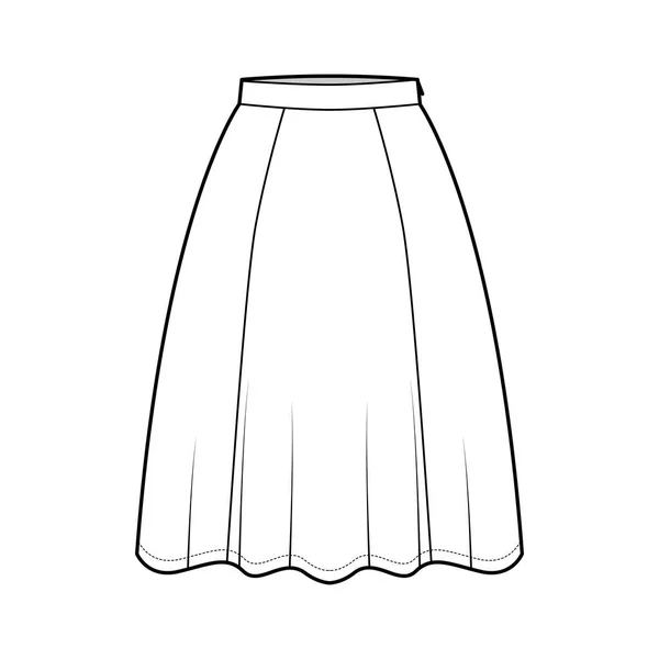 Skirt six gore technical fashion illustration with knee silhouette, semi-circular fullness, thin waistband. Flat bottom — Stock Vector