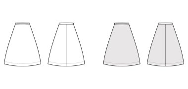 Etek A-hattı dolgunluğu diz boyu, düz, ince bel ile teknik moda illüstrasyonu. Düz giyimli alt