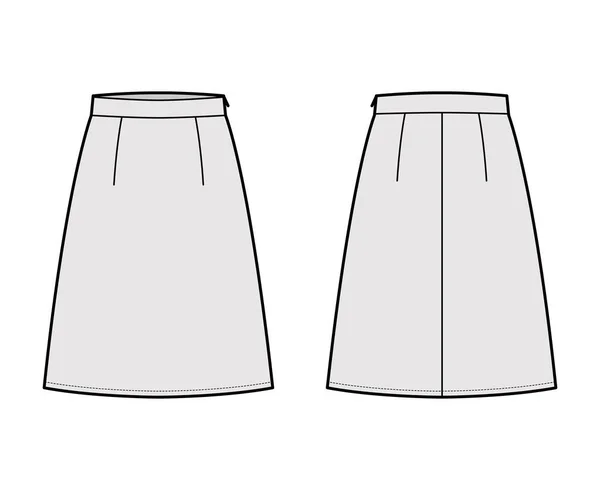 Rock A-Linie Fülle technische Mode Illustration mit knielanger Silhouette, dünner Bund Flacher Boden Vorlage — Stockvektor