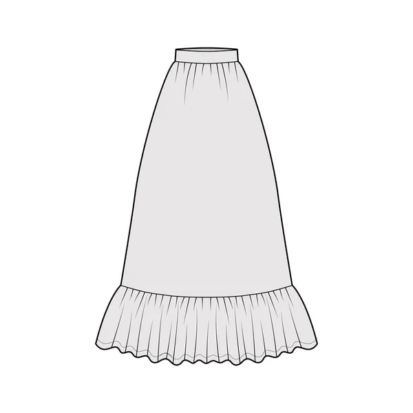 Gonna prateria dirndl illustrazione tecnica di moda con lunghezze della caviglia pavimento, pienezza semicircolare, vita spessa — Vettoriale Stock