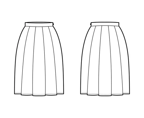 Caixa de saia plissado ilustração de moda técnica com silhueta abaixo do joelho, cintura fina, zíper lateral. Plano — Vetor de Stock