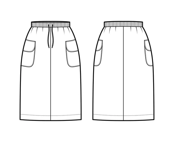 Техническая модная иллюстрация груза в юбке с длиной колена, боковые карманы с лоскутом, растягивающаяся лента. Плоская квартира — стоковый вектор