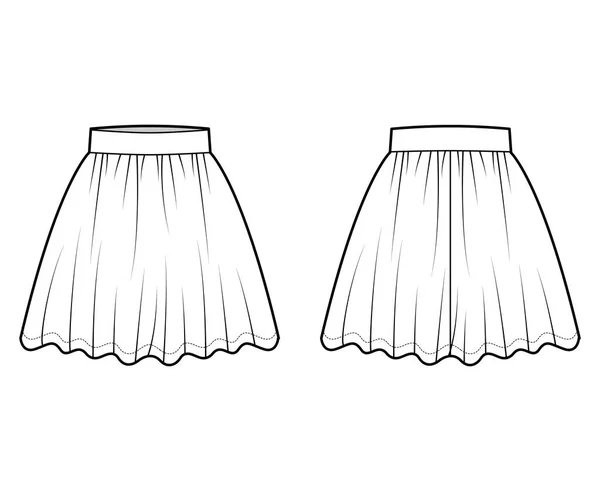 Skirt dirndl τεχνική απεικόνιση μόδας με μήκος πάνω από το γόνατο, κυκλική πληρότητα, παχύ ζωνάρι. Επίπεδο κάτω μέρος — Διανυσματικό Αρχείο