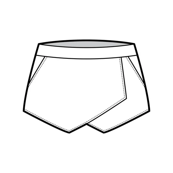 Kjol skort shorts kort teknisk mode illustration med mini längd silhuett, penna fyllighet, tunn linning — Stock vektor