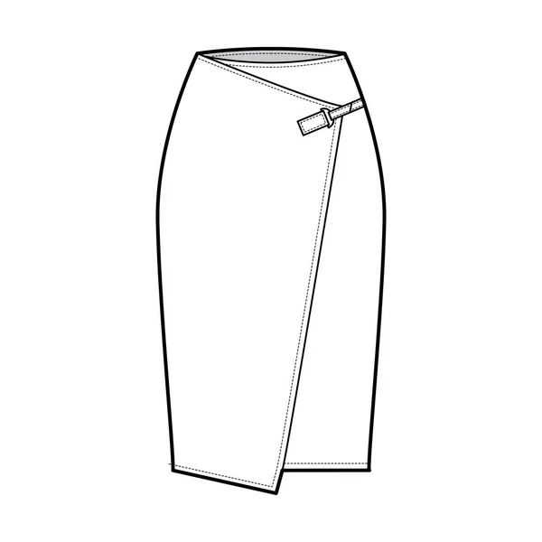 用笔直的膝盖轮廓，铅笔丰满，与卡宾纳连接器紧密相连的短裙包扎技术时尚图解 — 图库矢量图片