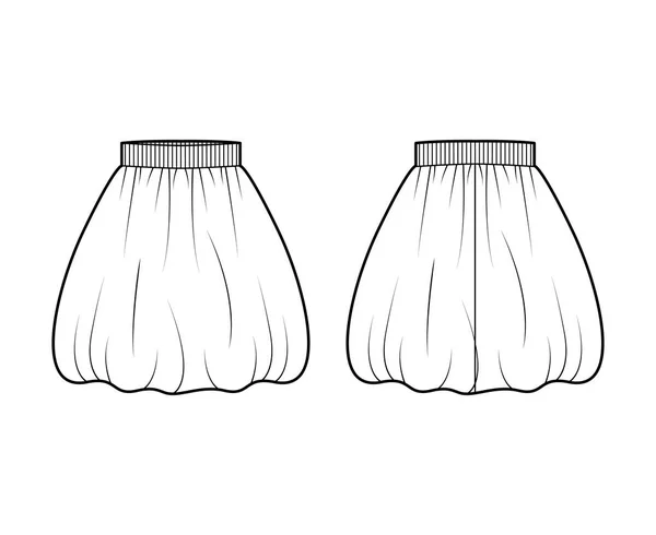 Skirt μπαλόνι τεχνική εικόνα μόδας με το γόνατο σιλουέτα, ημι-κυκλική πληρότητα, παχύ τέντωμα ζώνη. Επίπεδη — Διανυσματικό Αρχείο