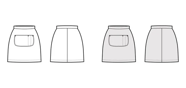 Saia avental técnica moda ilustração com mini silhueta, plenitude lápis, bolso grande centro modelo de fundo plano — Vetor de Stock