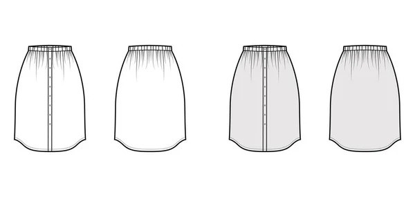 Botón de la falda abajo dirndl ilustración técnica de moda con silueta de rodilla recta, plantilla inferior de plenitud de lápiz — Archivo Imágenes Vectoriales