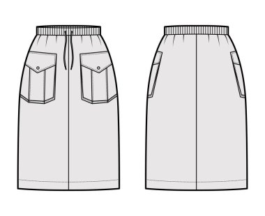 Etek kargo teknik tasviri diz boyuyla, cepleri kanatlı, kemeri gergin. Düz 