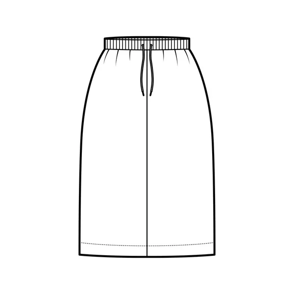 Kjol last teknisk mode illustration med knälängd siluett, stretch dragsko linning botten mall — Stock vektor