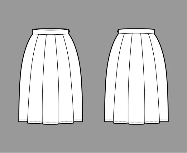 Caixa de saia plissado ilustração de moda técnica com silhueta abaixo do joelho, cintura fina, zíper lateral. Plano — Vetor de Stock