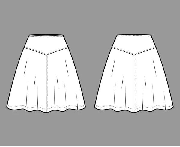 Ilustração de moda técnica de jugo de saia com silhueta de comprimentos acima do joelho, plenitude semicircular. Fundo plano — Vetor de Stock