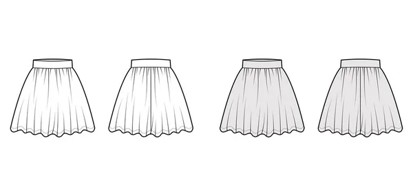 Skirt dirndl τεχνική απεικόνιση μόδας με μήκος πάνω από το γόνατο, κυκλική πληρότητα, παχύ ζωνάρι. Επίπεδο κάτω μέρος — Διανυσματικό Αρχείο