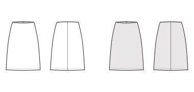 Etek kılıfı teknik tasviri, düz diz silueti, kalem dolgunluğu. Düz alt şablon önü