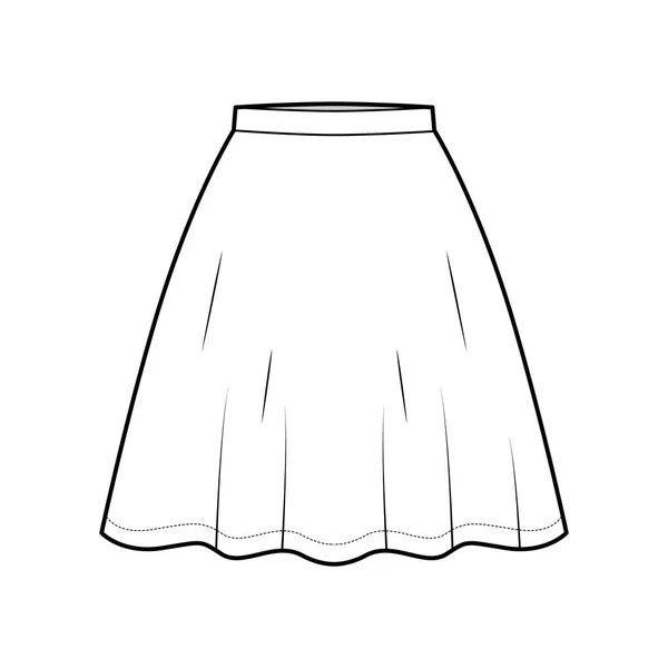 Skirt flared skater technical fashion illustration with above-the-knee silhouette, semi-circular fullness. Flat bottom — Stock Vector