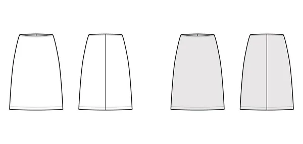 Юбка оболочка техническая мода иллюстрация с прямым силуэтом колена, полнота карандаша. Спереди плоский шаблон — стоковый вектор