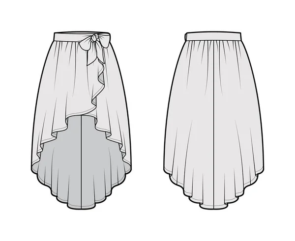 Saia alta cascata baixa envolva ilustração de moda técnica com plenitude semi-circular, cintura grossa. Fundo plano —  Vetores de Stock