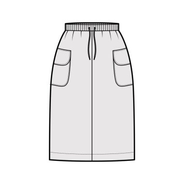 Etek kargo teknik tasviri, diz boyu, yan cepleri flepli, gergin bel kemeri. Düz 