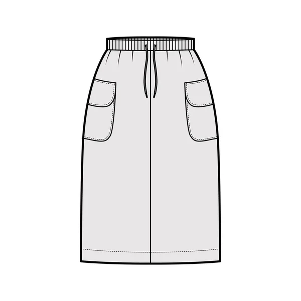 Falda de carga técnica de moda ilustración con longitud de rodilla, bolsillos laterales con solapa, cintura con cordón elástico. Plano — Vector de stock