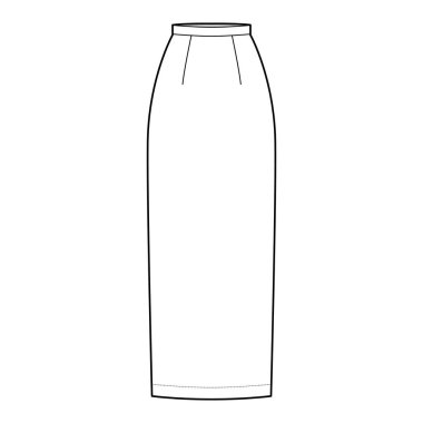 Etek, maksimum kalem dolgunluğu, silüet, sırt yarığı ve ayak bileği uzunluklarıyla teknik moda illüstrasyonu. Düz taban